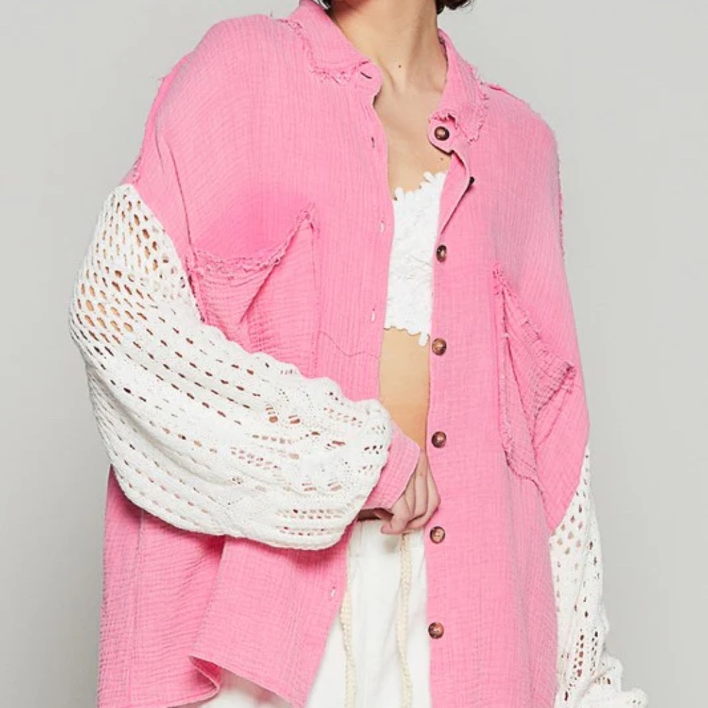 NWOT POL Fuchsia Pink Openwork Lantern Sleeve Button Down Gauze Size L